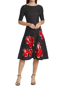 Carolina Herrera Boat-Neck Polka-Dot Floral Jacquard Dress Sz L black - Picture 1 of 13