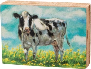 Cow In Daisies Primitives by Kathy Wood Block Sign 5 in x 7 in Farm Animal - Picture 1 of 1