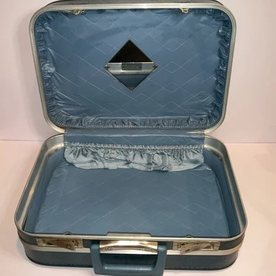 Maleta de maquillaje rígida vintage azul con cerradura de espejo sin llave Foto 1 de 4