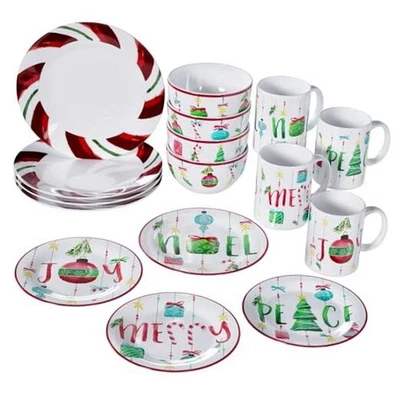  16-Piece Christmas-Themed Stoneware Dinnerware Set - Green/Red - Image 1 of 4