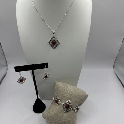 Красивый красный кабошон серебряного тона ожерелье серьги браслет ювелирный набор - Изображение 1 из 4