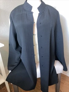 EILEEN FISHER NWOT  XL Texture Silk Blend Mandarin Collar Lg Slv Blk Dinner Jack - Picture 1 of 9