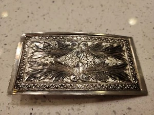 Fibbia per cintura cromata incisa argento 4x2,5" - Foto 1 di 2