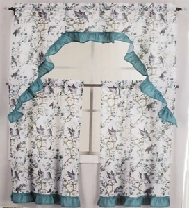 3pc Curtains Set:2Tiers (28"x36") & Swag (56"x36") BIRDS & BLOSSOM,aqua color,RH - Picture 1 of 12