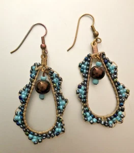 Blue Beaded Earrings Beads Handmade Pierced 3.25 Inches Long Dangle - Picture 1 of 12