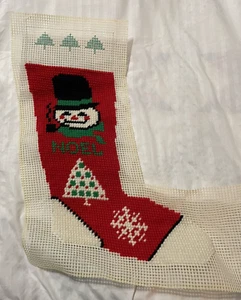 VTG Needlepoint LG Noel Christmas STOCKING SNOWMAN TREE Wall Hanger 16" - Picture 1 of 6