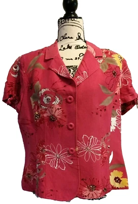 Emma James Women's 14 by Liz Claiborne Pink Floral Top Beads Short Sleeves - Image 1 of 4