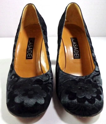Casadei Heels Womens Black Floral Fabric Leather Pumps Size 7 B Made in Italy - Image 1 of 4