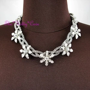 Silver Deco Popcorn Metal Lace Mesh Floral Flower Braid Garland Crystal Necklace - Picture 1 of 6