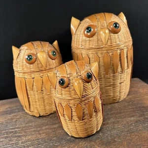 Vintage Owl Nesting Wicker Baskets Decor Set PRIORITY MAIL - Picture 1 of 22