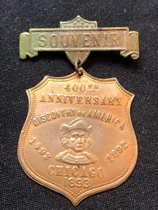 1893 Columbian Exposition Shield Shaped Souvenir Pin Back Medal, No Eglit # - Picture 1 of 4