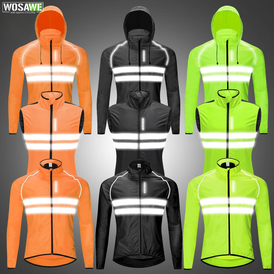 WOSAWE Men's Waterproof Windbreaker Cycling Jacket Hoodie Sports Outwear Hi-Viz - Image 1 of 4