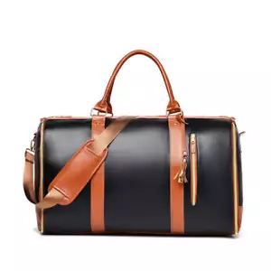 NNEDSZ Black And Brown PU Leather Foldable Garment Bag, Women's Travel Duffel wi - Picture 1 of 6