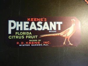 VINTAGE KEENE'S PHEASANT BRAND FL. CITRUS FRUIT UNUSED LABEL.  3 1/2" X 8 3/4" - Picture 1 of 1