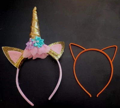 Headbands;2 Pc;Plush Pink Unicorn &Orange Cat;Costume, Birthday, Halloween,Purim - Image 1 of 4