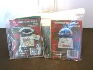 Pair of 1989 Janlynn Christmas Cross Stitch Sachets - Goose & Horn - NIP - Picture 1 of 6