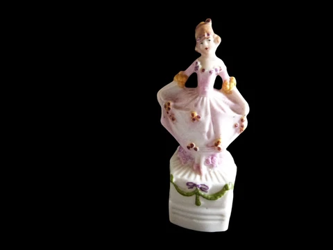 RARE ANTIQUE Figural Woman Pedestal Porcelain Tape Measure 15664 GERMANY 4" Cover