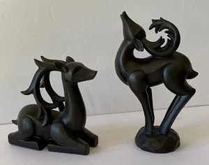 VTG EBONY WOOD HANDCARVED Reindeer Deer Gisele ANIMAL FIGURINES Set Of 2 - Picture 1 of 11