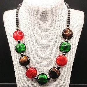 Red Green Bronze Brown Glass Necklace Lampwork Foil Beads Chunky Statement Big - Picture 1 of 14