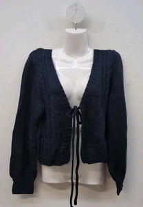Langarm vorne offen mit Bindeband Strick Cropped Cardigan Pullover Gr. S dunkelblau - Bild 1 von 6