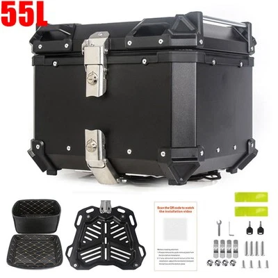 55L Motorcycle Rear Top Box Black Aluminium Alloy Tail Carrier Tool Luggage Case - Image 1 of 4