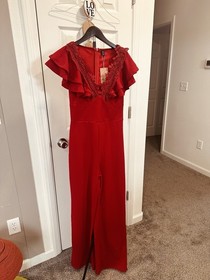 SHEIN Red Ruffle Lace V-Neck Jumpsuit Short Ruffle Sleeve Size M