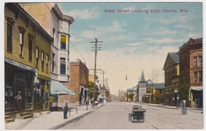 WISCONIN RACINE STATE STREET BLICK NACH OSTEN GETEILTE RÜCKSEITE POSTKARTE UM 1910 - Bild 1 von 2