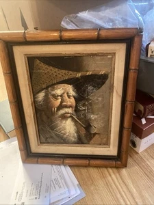 Vtg South Asain Tabacco Leaf Painting Smoking Pipe Signed Bamboo Frame - Picture 1 of 2