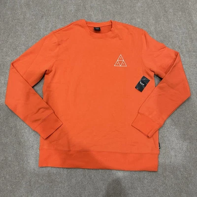 NUEVO CON ETIQUETAS HUF Para hombres Grande Naranja Esencial Original Tri Logo Cuello Redondo Sudadera *LEER Foto 1 de 4
