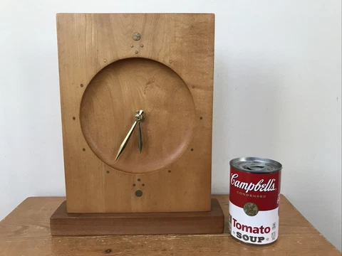 Vtg Mid Century Modern Handmade Handcarved Solid Wooden Wood Maple Brass Clock Cover