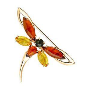 Rainbow Amber Dragonfly Brooch Pin Gold plated Silver 925 Amber Brooch NEW