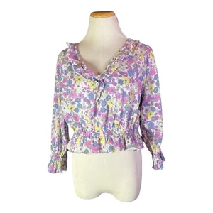 Top corto floral Modcloth talla M drama en Doll Valley con volantes púrpura azul - Imagen 1 de 10