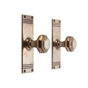 Pair of Antique Octagonal Mortice Door Knobs on Back Plate - Solid Brass Handle - Picture 1 of 2