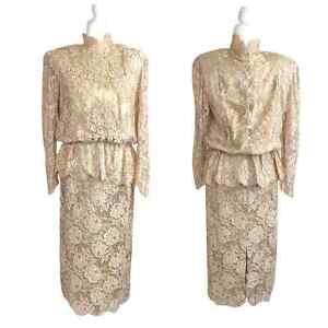 Vintage 60's - 70's Lace peplum 2 pcs set top skirt Sz 10 Wedding Formal Evening