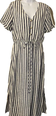 EVERLY Mujer Talla Vestido M azul marino/blanco a rayas lino/rayón/algodón nuevo sin etiquetas Foto 1 de 4