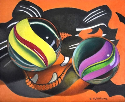 Pintura al óleo original NATURALEZA MUERTA dos canicas sobre imagen de gato negro 6 x 7,5 espeluznante Foto 1 de 4