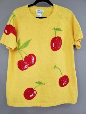 Quacker Factory Vintage Sweater Large Pullover Short Sleeve Cherry Sequin Retro - Image 1 of 4