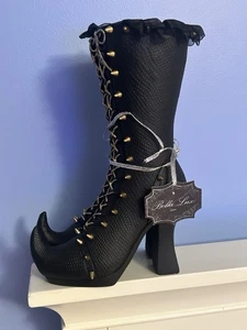 2025 Bella Lux Halloween Witches Boots Black Gold Laces &Spikes Goth Witch Resin - Picture 1 of 8