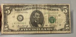 1974 $5 Bill FRN Error - Front to Back Offset Printing Error & Green Seal Error - Picture 1 of 3