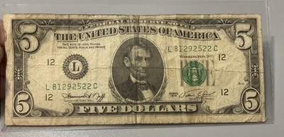 1974 $5 Bill FRN Error - Front to Back Offset Printing Error & Green Seal Error - Image 1 of 3
