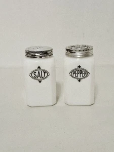Antique Hazel Atlas Square White Milk Glass Salt & Pepper Shakers, 4½" Tall - Picture 1 of 8