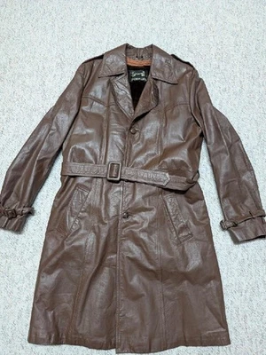 1970s vintage BELTED leather TRENCH COAT brown 38L overcoat SHERLOCK patina S - Image 1 of 4
