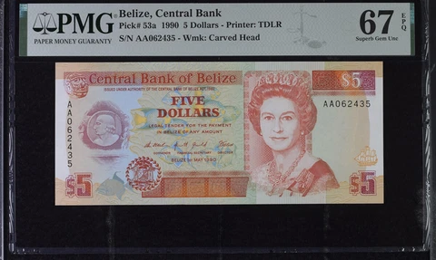BELIZE 5 Dollars 1990 P 53 a Superb Gem UNC PMG 67 EPQ TOP POP Cover