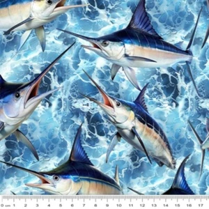100% Cotton Fabric Kennard & Kennard Marine Marvels Ocean Swordfish 112cm Wide - Picture 1 of 1