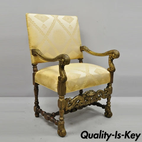 Antique Italian Renaissance Carved Walnut Jacobean Style Arm Chair Cover