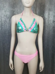 Unbranded 2 Piece Bikini Pink With Green Sequins Ruffle Top - Picture 1 of 7