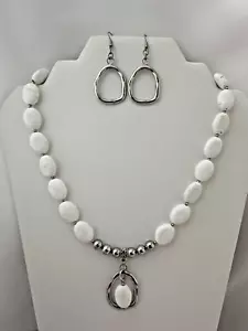 Rhodium Plated White Magnesite Beaded 21" Necklace 2 1/4" Drop Earring Set #R1 - Picture 1 of 8