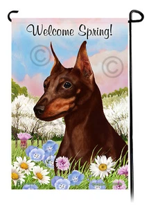 Welcome Spring Garden Flag - Cropped Chocolate Miniature Pinscher - Picture 1 of 1