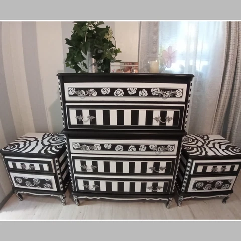 Beautiful, Funky ,Black And White Dresser And 2 Side Tables Cover