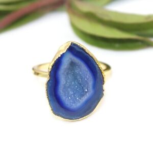 Natural Milky Blue Geode Druzy Stone Gold Electroplated Single Stone Rings